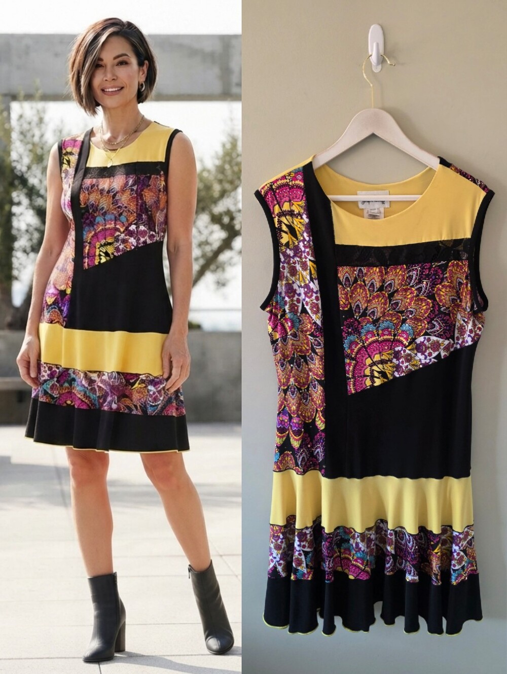 Joseph Ribkoff Colorblock Sequins Sleeveless Silky Knit Shift Dress Size 16